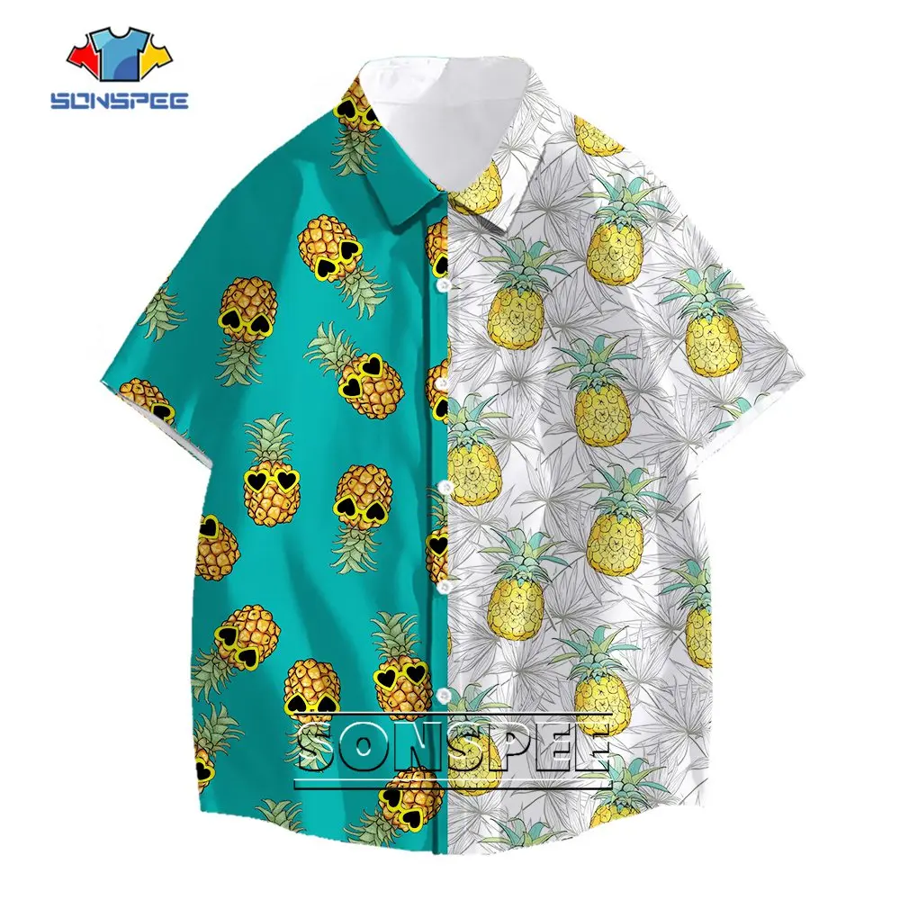 

SONSPEE Summer Asymmetrical Splice Versatile 3D Printing Botton Shirt Men Women's Patchwork Tops Pineapple Short Sleeve Blouse