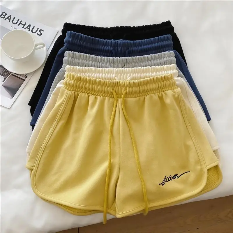 New Women Summer Short Pants Embroidery Letters Drawstrings Elastic Waistband High Waist Shorts Ladies Short Tight Trousers