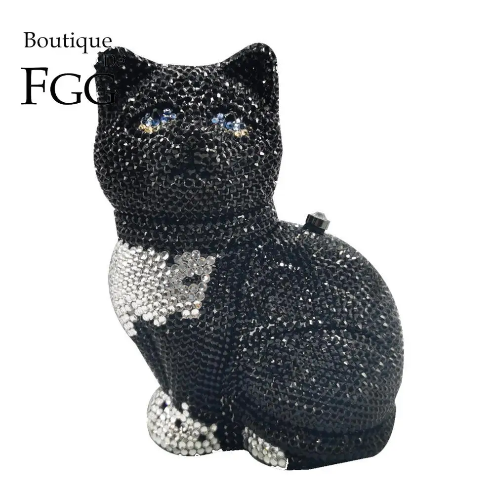 Boutique De FGG (in stock) Black Cat Shape Women Crystal Clutch Evening Bags Diamond Minaudiere Handbag Party Wedding Purse