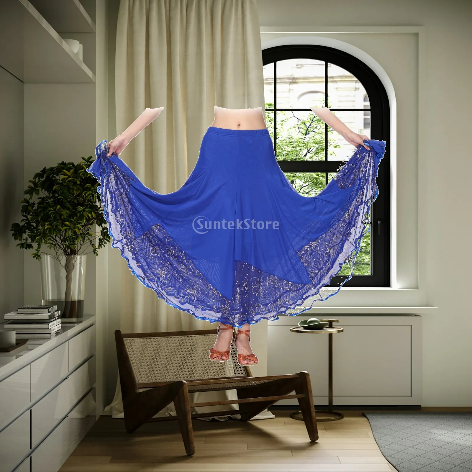 Full Circle Swing Ballroom Dance Skirt Mesh Sequined Floral Embroidery Modern Tango Waltz Dress for Women Performer