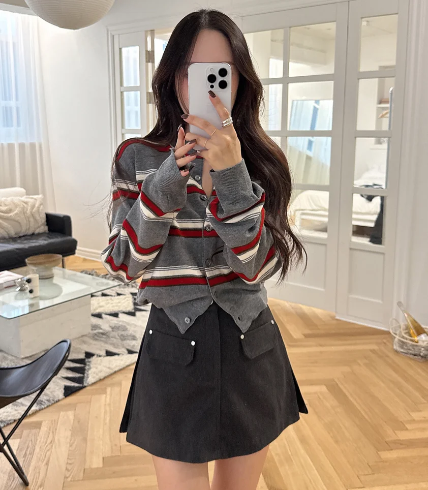 Retro Dongda Gate round Neck Single Button Slim Fit Striped Knitted Open Cardigan Sweater for Women Soft Acrylic Blend Long S...