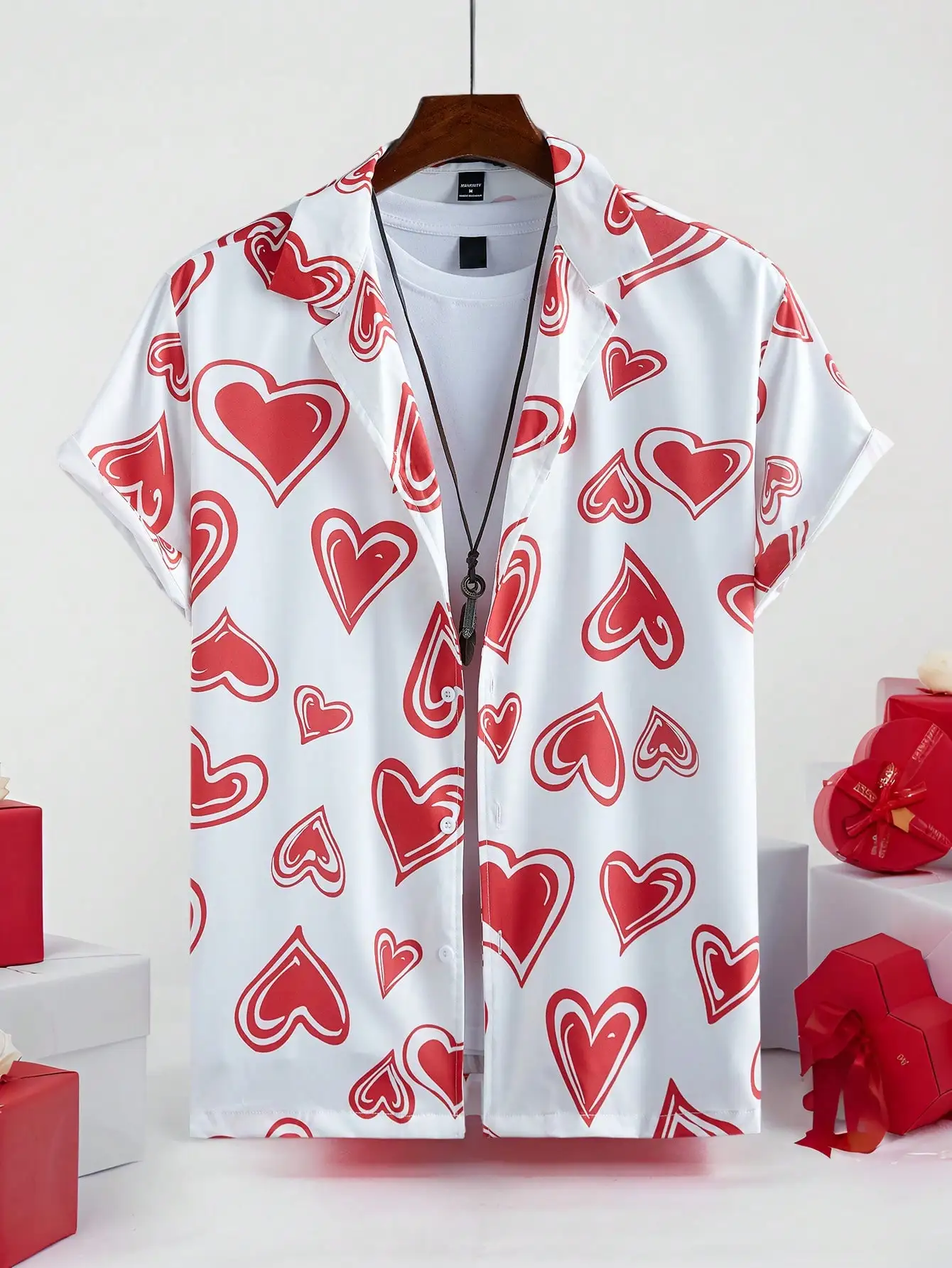 

Men's White Short Sleeve Button-Up Shirt with Red Heart Print, Casual Style for Valentine's Day or Gift