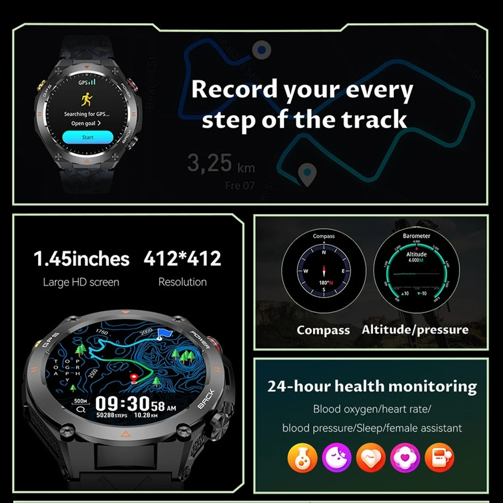 ساعة ذكية عسكرية T-Rex 3 بوليت في نظام تحديد المواقع البوصلة مقياس الارتفاع الجوي 10ATM IP69K مقاوم للماء AMOLED بلوتوث دعوة Smartwatch