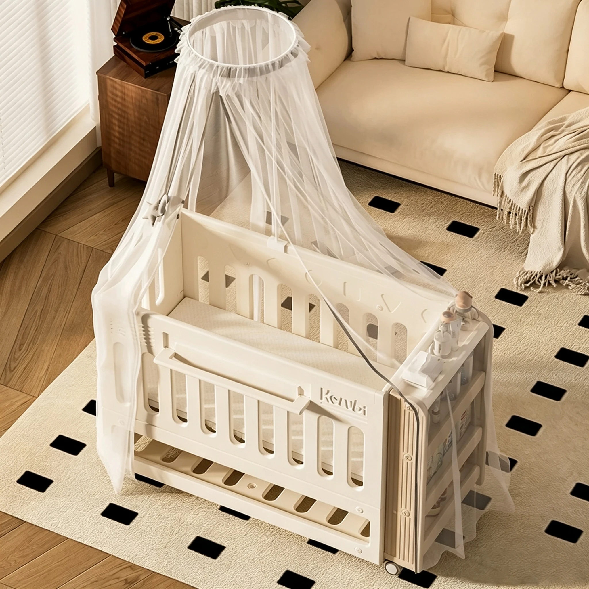 Multifunctional Baby Crib Newborn Infant Baby Bed with Mosquito Net and Changing Table Including Storage Cabinet