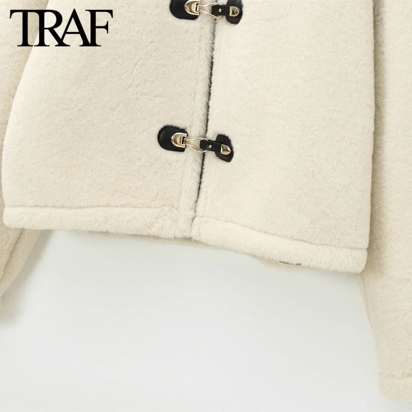 TRAF Fleece Warm Jackets for Women Fashion Winter Double-sided fack fur Long Sleeved Single Breasted Round Neck Short Coats