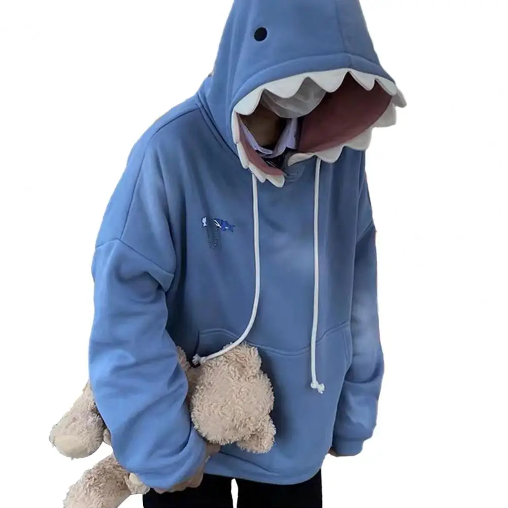 

Autumn Winter Fun Shark Patch Hooded Hoodies Men Sport Casual Loose Trendy Couple's Pullover Hoodies