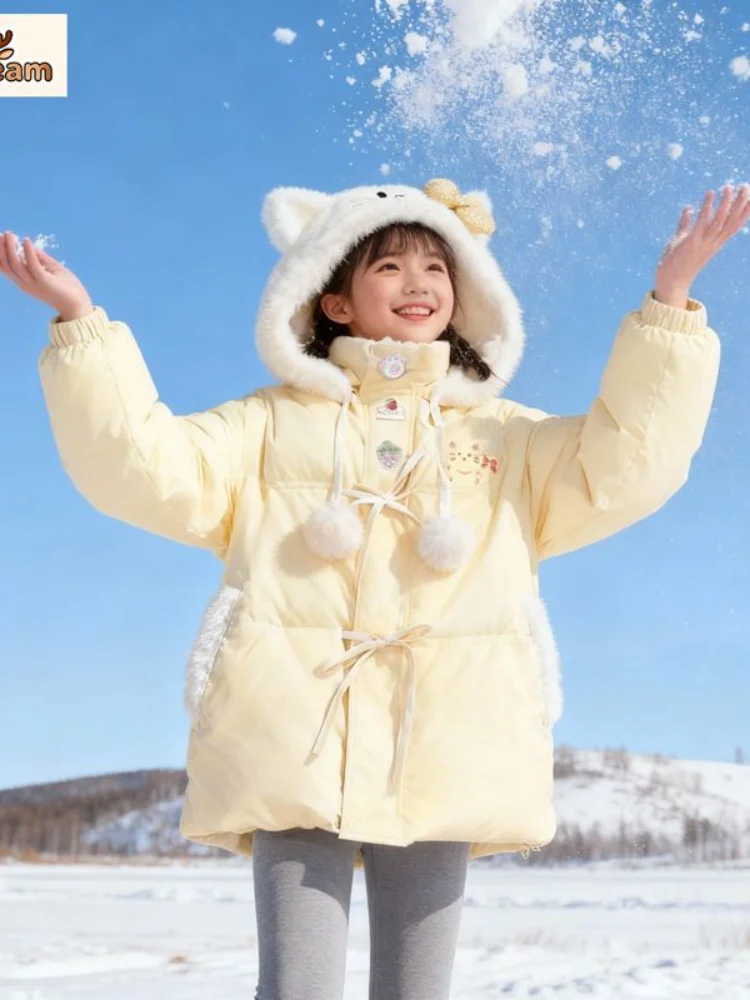 

Sanrio Hello Kitty Girls Cute Cartoon Parkas Women Winter Thick Students Down Coat Sweet Hooded Parka Pink Fur Collar Outerwears