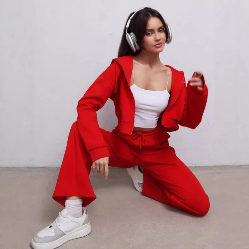 2026 Spring and Autumn New Women's Short Jacket Hooded Zipper Sweater Wide Pants Sports Set 2-piece Set