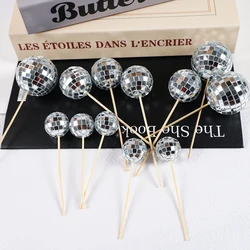 5/10Pcs Mirror Ball Cake Toppers Disco 70's 80 Retro Dance Disco Silver Cupcake Topper for Birthday Wedding Party Decoration