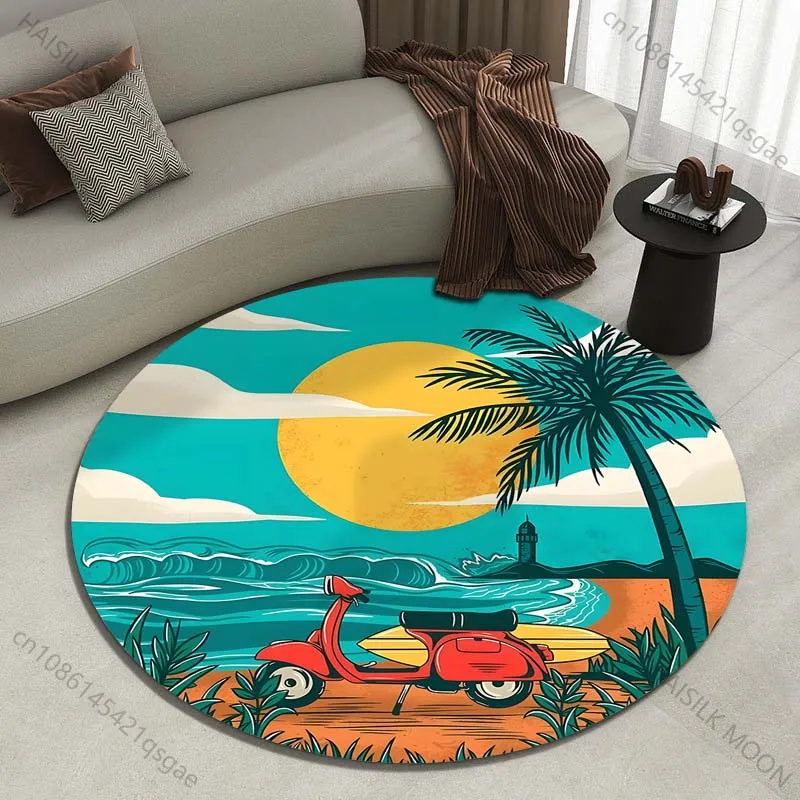 Red scooter and surfboard on the beach Printed round carpet living room sofa table carpet large pet mat soft round carpet