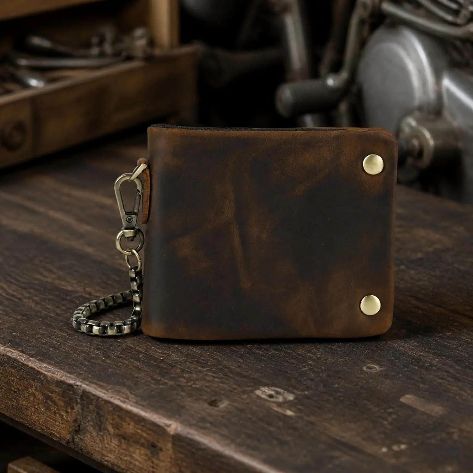 Men Retro Bifold Wallet Genuine Top Grain Cowhide Leather Dark Brown Vintage Design with Stitch Details and Metal Chain Clip