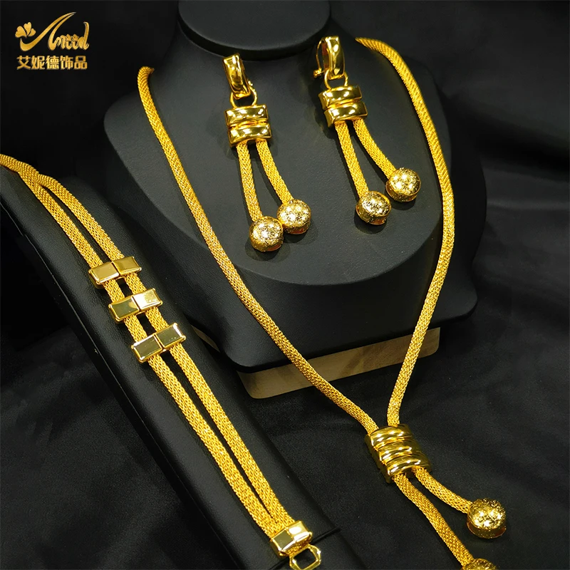 ANIID Luxury Dubai Necklace Earrings Ring Jewelry Sets for Women Girls Africa Wedding 24k Gold Color Jewellery Party Gifts New