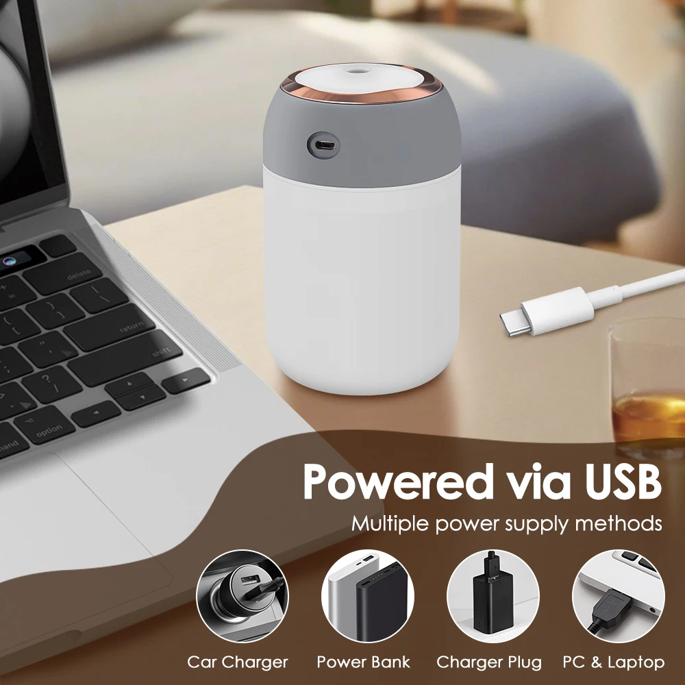 مرطب هواء صغير محمول USB، ناشر رائحة، ضوء بارد LED، رذاذ للغرفة، المنزل، السيارة، منقي النباتات، 330 مل ﻿