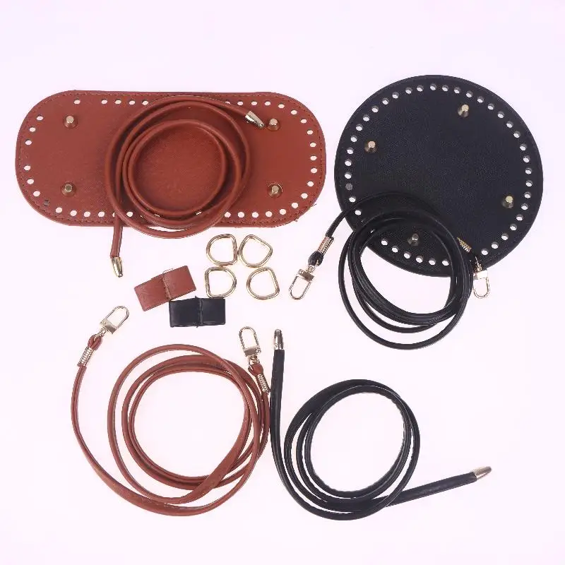 3Pcs/set DIY Round/Oval PU Leather Bag Accessories Handmade Durable Crochet Bag Bottom Bag Shoulder Strap Drawstring Accessories