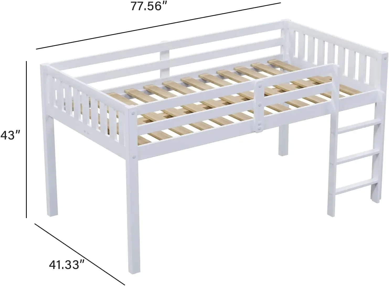 Twin Loft Bed Low Loft Bed Frame for Little Kids Small Room/Low Ceiling with Guardrail and Ladder, White