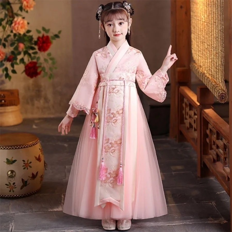 Vestido Floral Hanfu de estilo chino para niña, traje Tang, traje de actuación de baile en escenario Hanfu de manga larga para primavera y otoño