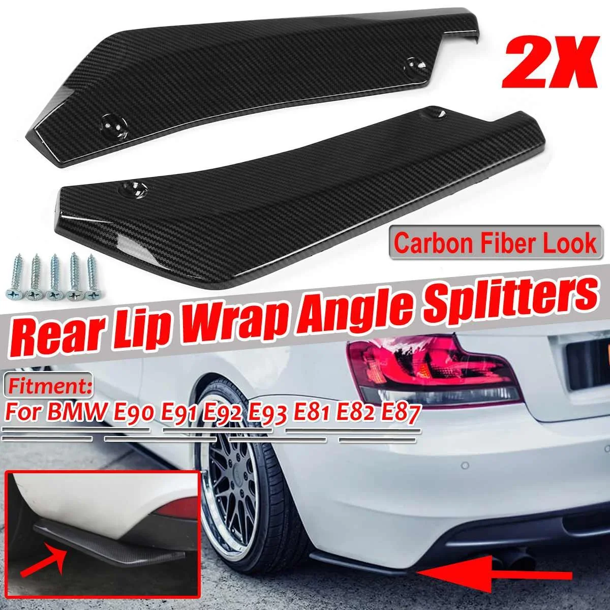 Carbon Fiber Look Universal Car Rear Bumper Protector Rear Lip Wrap Angle Splitters For BMW E39 E46 E53 E90 E92 E93 E60 E61 X5