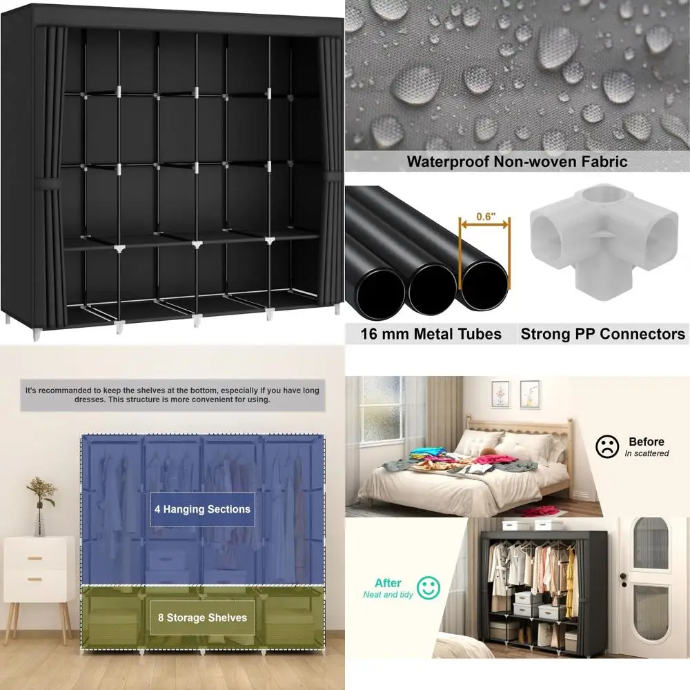 

67 Портативный шкаф большой емкости с 4 стержнями и 8 полками, нетканый материал, черный для хранения в спальне и гостиной