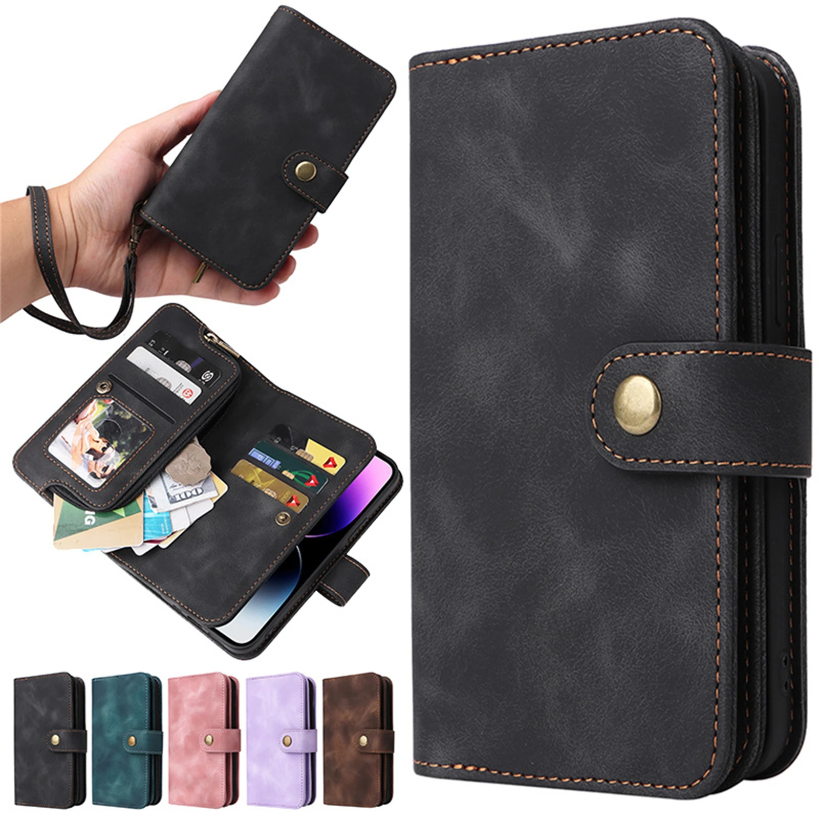 

Zipper Wallet Shoulder Strap Case for iPhone 15 Pro Max 14 13 12 11 Pro Max 15 Plus Lady Leather Card Pocket Lanyard Cover