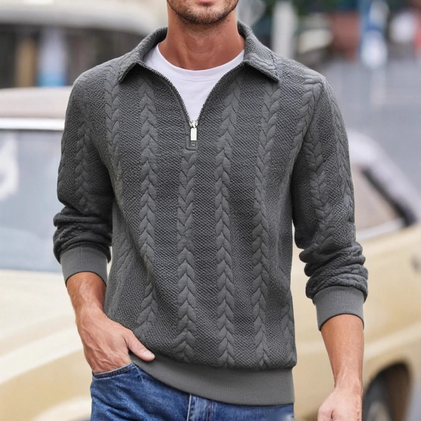 

2026 Spring and Autumn Warm Jacquard Lapel Heavy Half Zipper Sweater Men's Fashion