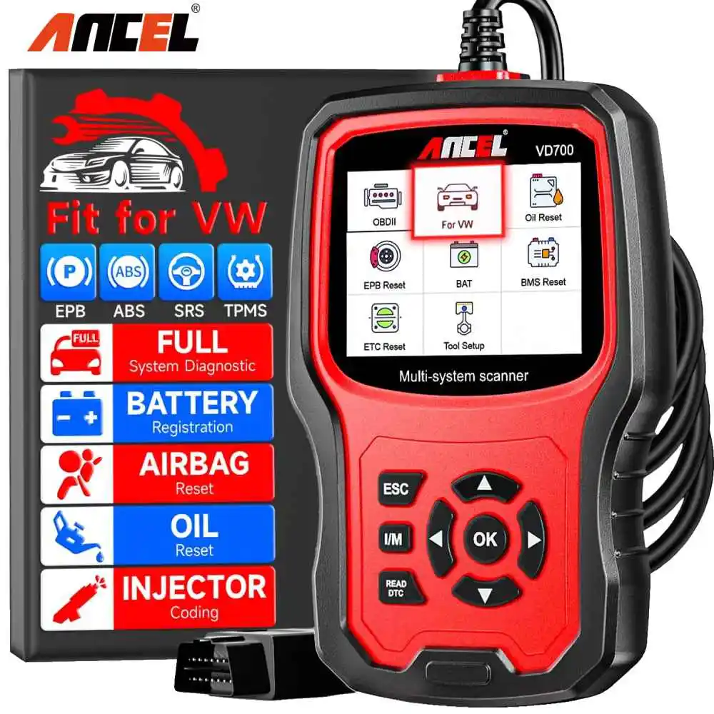 Ancel VD700 OBD2 Scanner for VW Audi Skoda Car Code Reader Full System Diagnostic Scan Tools EPB ABS D.PF TPMS Oil Reset