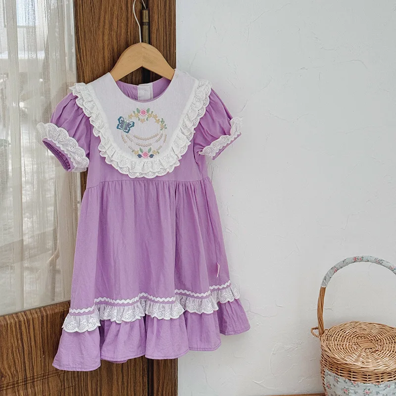 

Korean Children's Clothing Butterfly Garland Embroidered Girls' Dress2024Summer Lace Contrast Color Children Princess Dress-MR