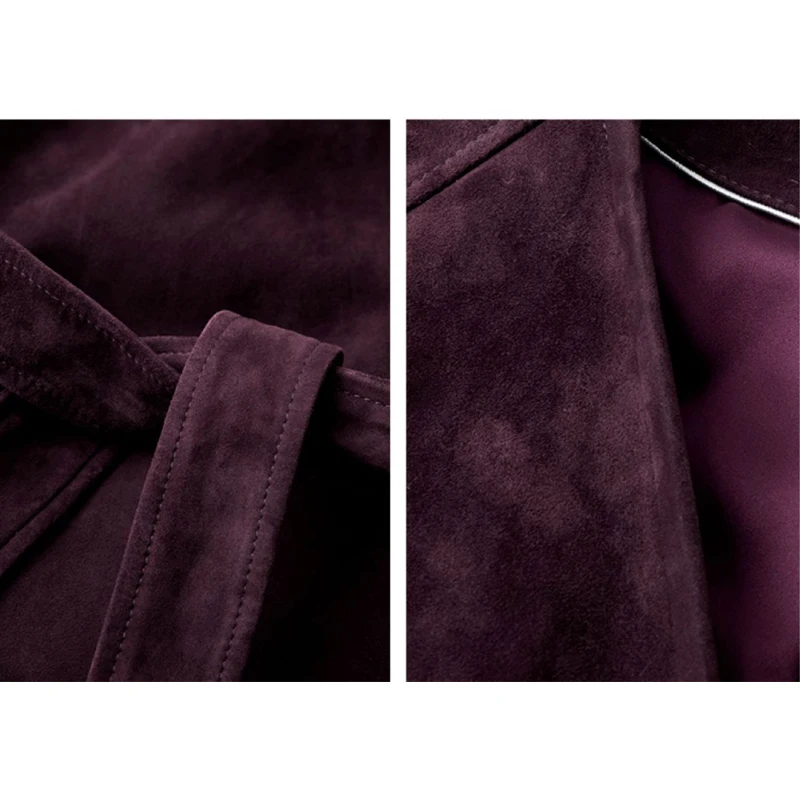 Graben aus 100 % echtem Leder für Damen, Herbst und Winter, hochwertiges Ziegenleder-Wildleder, einreihig, mit Schnürung, mittellanger Damenmantel