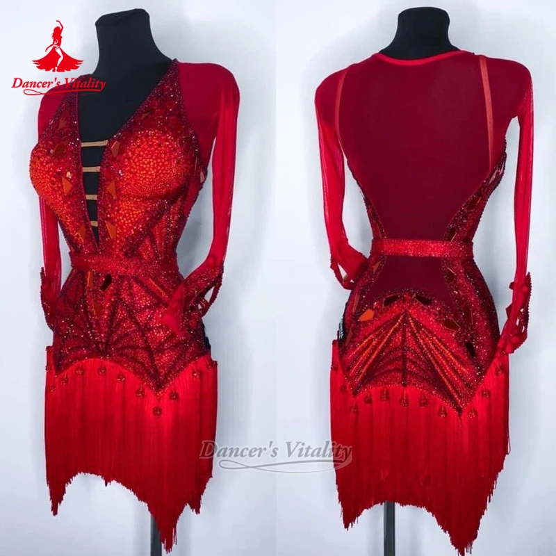 

Blackpool Dance Festival Latin Dance Outfit Adult&Teenagers Samba Rumba Jive Deep-V Tassel Clothing Customized Dancer's Vitality