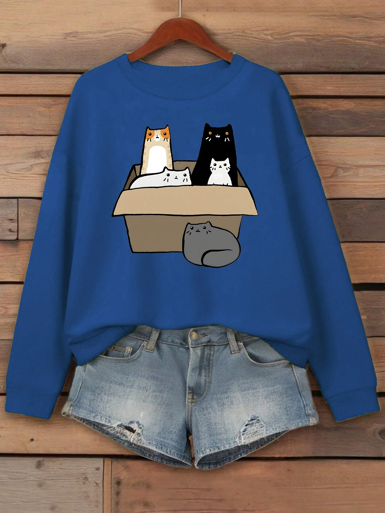 

Женский свитшот с рисунком кошки в картонной коробке, разноцветная свободная уличная одежда с круглым вырезом, осенняя одежда, женский флисовый пуловер