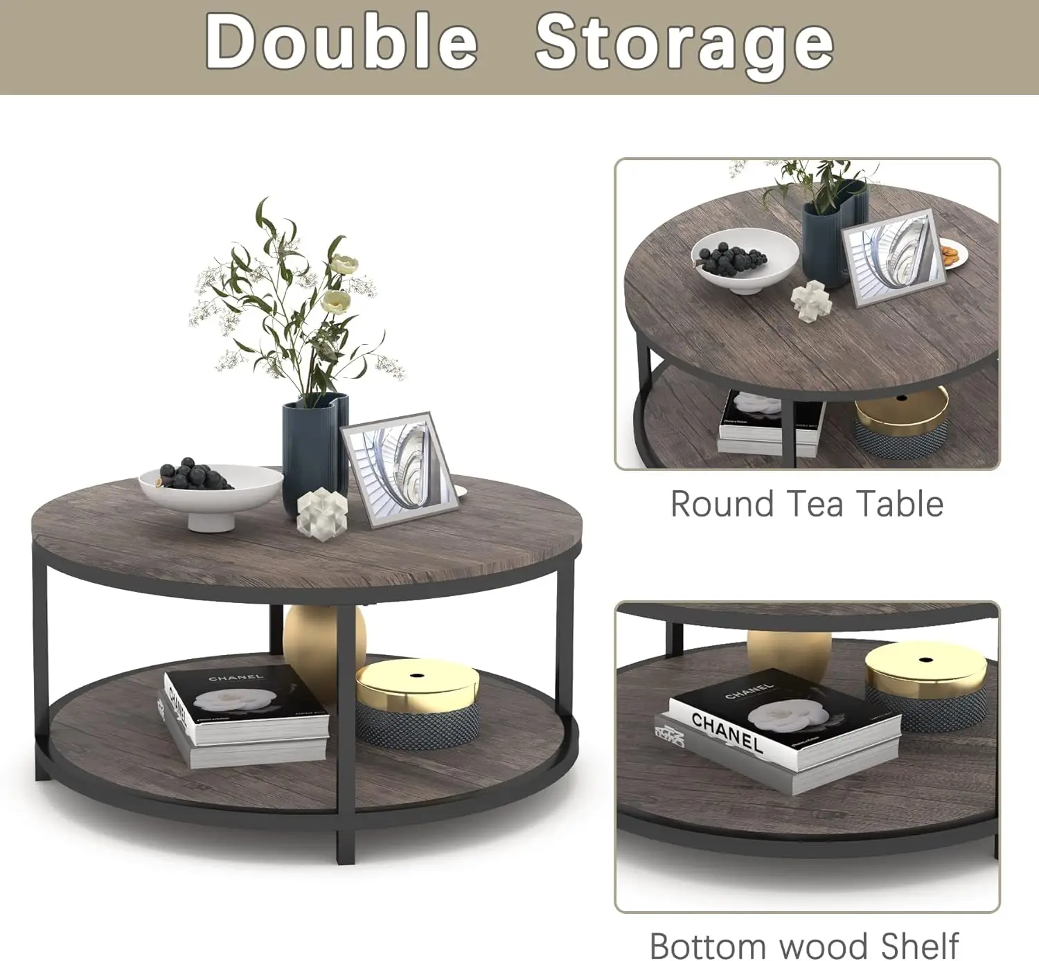 Round Coffee Table,36" Coffee Table for Living Room,2-Tier Rustic Wood Desktop with Storage Shelf Modern Design Home Fu