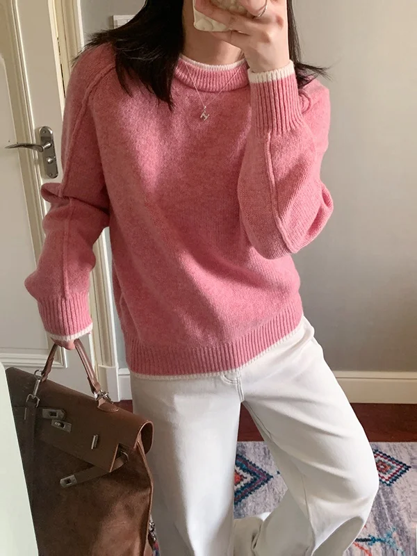 

Korean Style Mixed Flower Woolen Sweater Shoulder Insert Long Sleeve round Neck Mid-Length Casual Loose Fit Single Piece