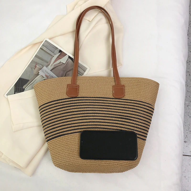 Women Fashion Striped Summer Beach Straw Knitting Shoulder Bag Hollow Out Handwoven Handbags Portable Large Capacity Casual Tote