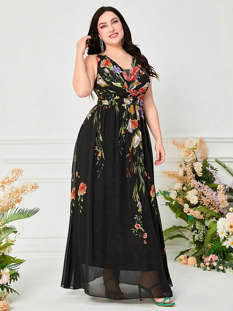 Toleen Sommer plus Größe Frauen Kleidung sexy V-Ausschnitt Blumen druck ärmel los 2024 neue Chiffon lässig elegant Party Abendkleid