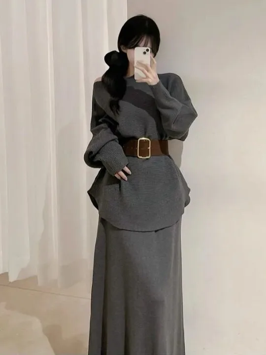 High Waist Batwing Sleeve Knitted Sweater And  Skirt Two Piece Set for Women Autumn Winter Fashion Casual Comfortable