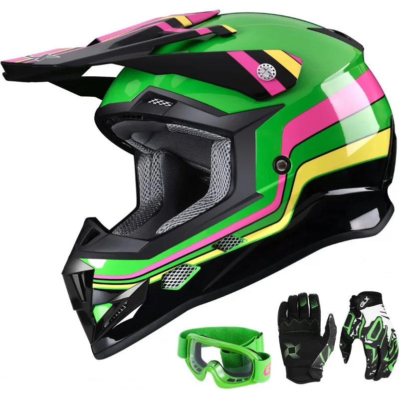 

GX623 DOT Kids Youth ATV Off-Road Dirt Bike Motocross Motorcycle Full Face Helmet Combo Gloves Goggles for Boys & Girls (Ret