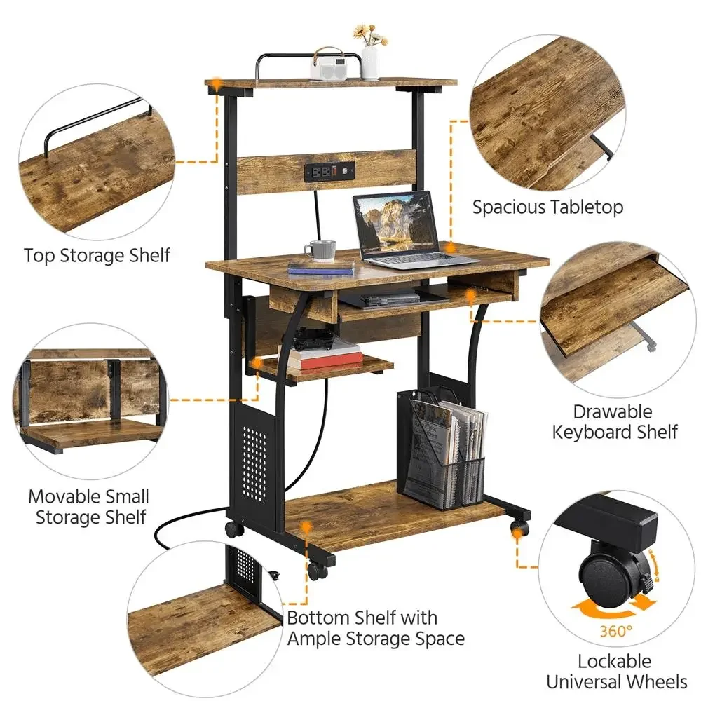 Estação de carregamento de mesa de computador de 3 camadas Prateleira de impressora Home Office Alden Design Rústico Marrom Multi-funcional Sólido Durável Rolamento