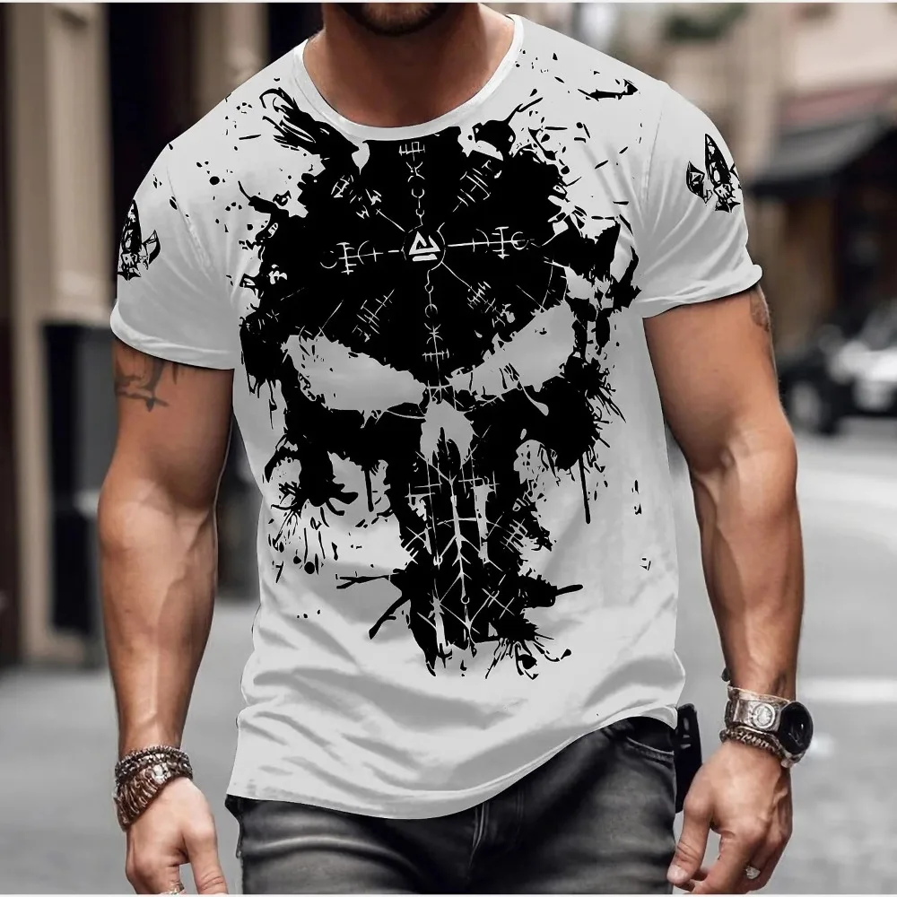 

Summer Vintage Men's T Shirt Militar Skull Print Tops Casual Short Sleeve Pullover Oversized Male Clothing Daily O Neck T-Shirts