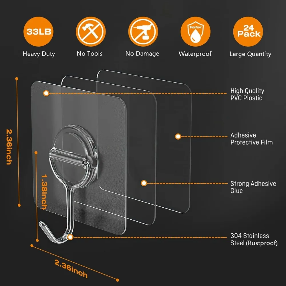 Heavy Duty Adhesive Wall Hooks 33lb Waterproof Rustproof Transparent Self Adhesive Hooks for Bathroom Kitchen Outdoor Home Improvement 24 Pack view 2