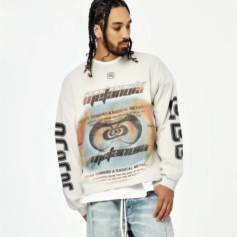 

Cotton Relaxed Men Women Unisex RRR123 Long-Sleeve T-Shirt Retro Washed Black & Concrete White Pattern Print High-Quality Tee