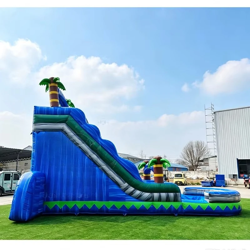 Custom Blue Marble Palm Inflatable Water Slide with Pool PVC Water Park Wet Slide Bouncy Jumping Slide for Indoor Outdoor Adults