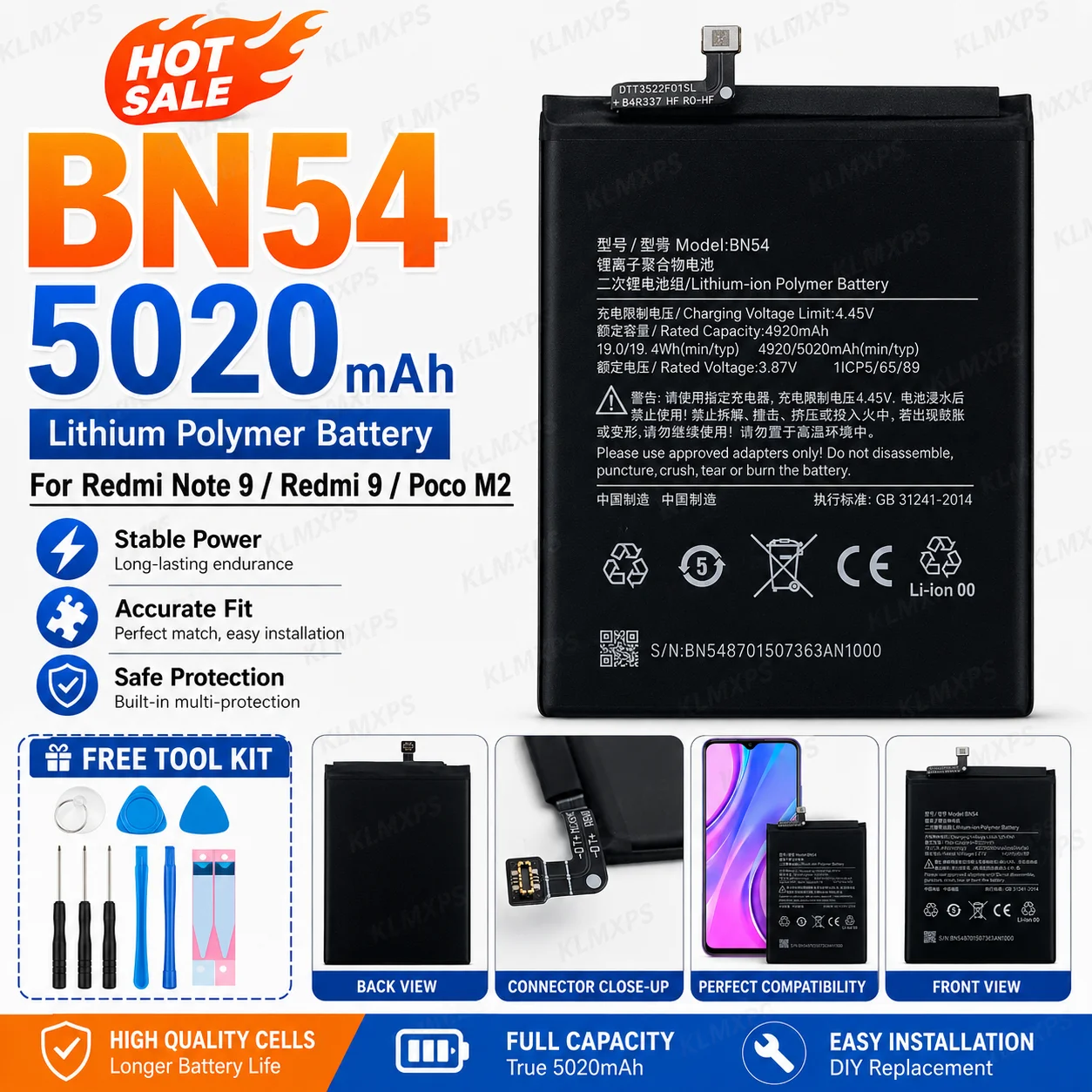 2026 Years BN54 Replacement Battery for Xiaomi Redmi Note 9 5G/Note9/Redmi 9/Redmi 10X 4G Long Lasting Mobile Phone Bateria