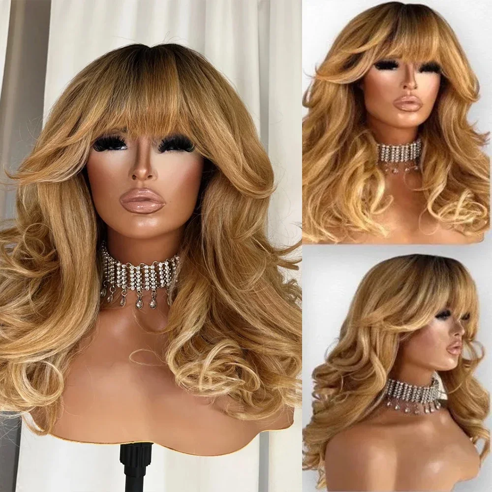 Peluca rubia miel con flequillo, peluca sintética ondulada hinchable con flecos de jengibre y raíces oscuras, fibra resistente al calor de alta calidad para mujer