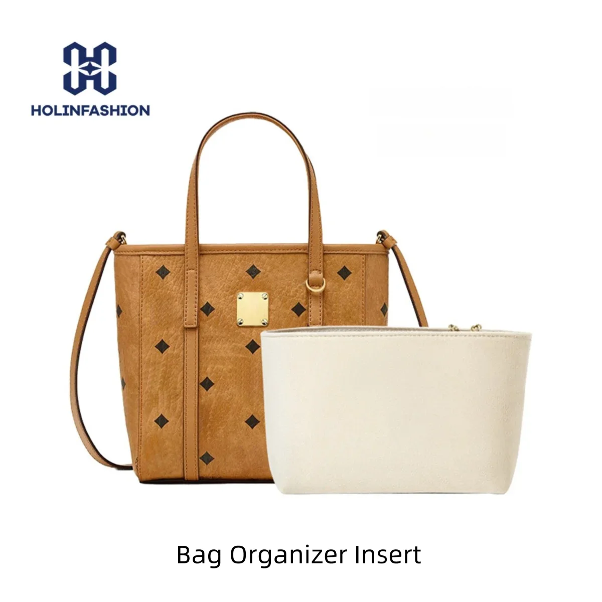 

HOLINFASHION Purse Organizer Insert Liner for MC Beige Women's Bag Lining Handbag Insert Organizer with 4 Pockets 1 Zipper Brown
