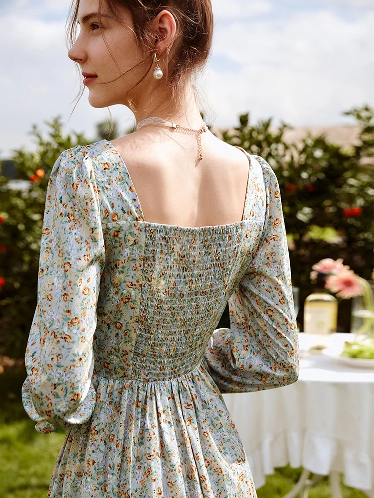 OLrain الخريف فساتين مُزينة بنقشة الزهور المرأة 2025 جديد الخصر رقيقة ساحة طوق فستان أنيق تصميم متوسط ميدي فستان الإناث O21QL53899