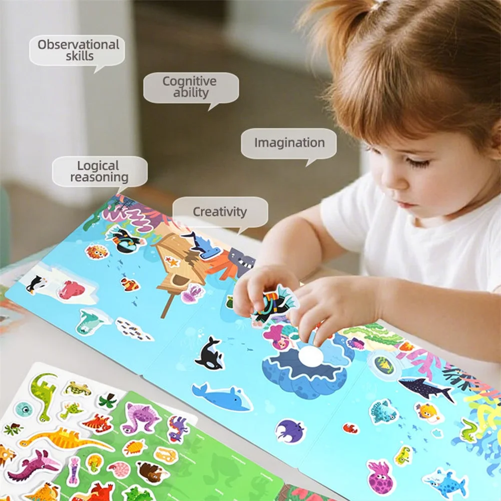 Reusable Cartoon Sticker Book for Kids Multiple Scenos DIY Puzzle Game Educational Learning Classic Toys for Child Age 1-3 Gifts