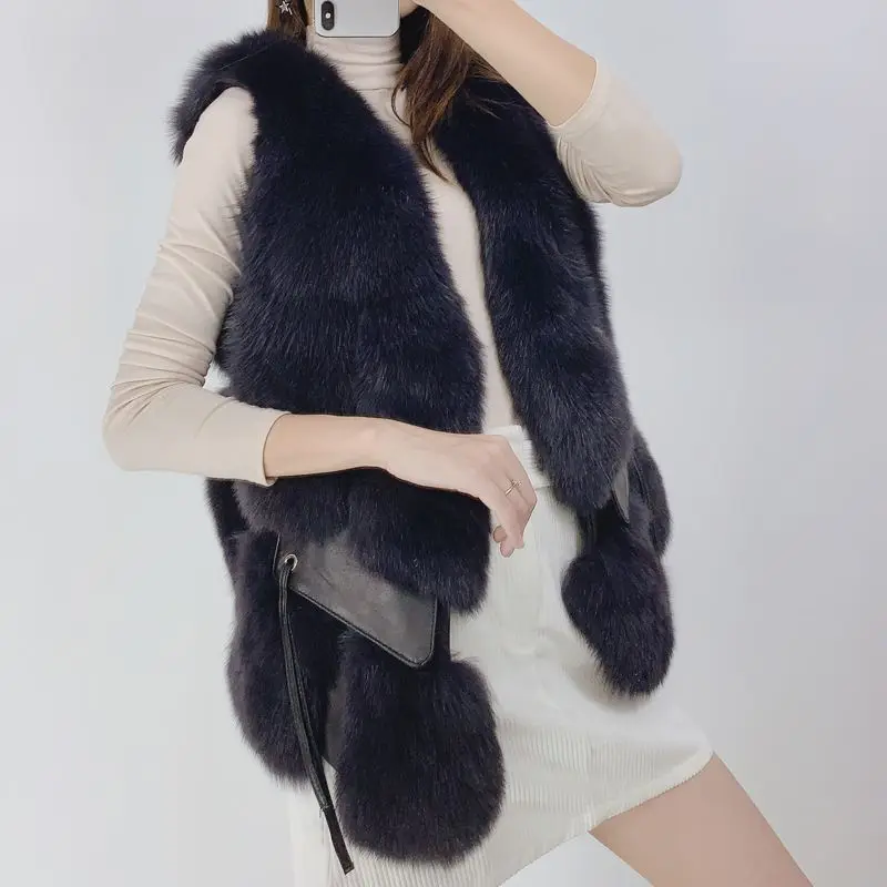 2023 New Full Skin Fox Fur Grass Vest Women\'s Short True Hair Youth Leather Pocket Vest Coat