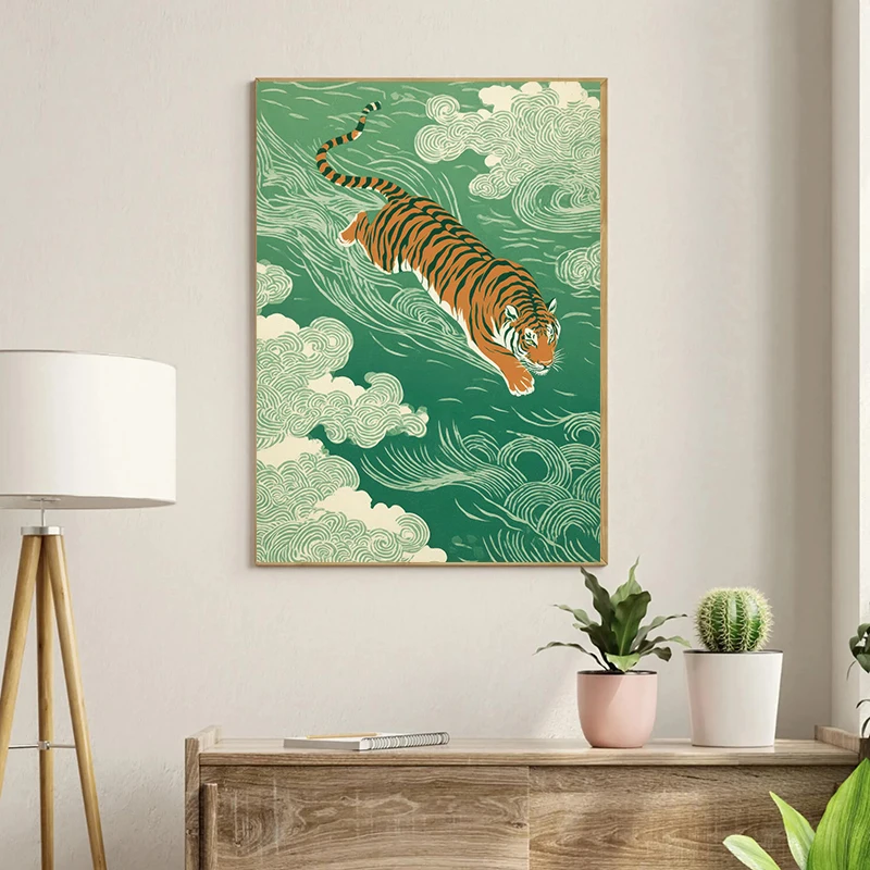 Japanese Tiger Two People Swimming Turquoise Poster Canvas Painting Print Minimalist for Living Room Home Decor Cuadros