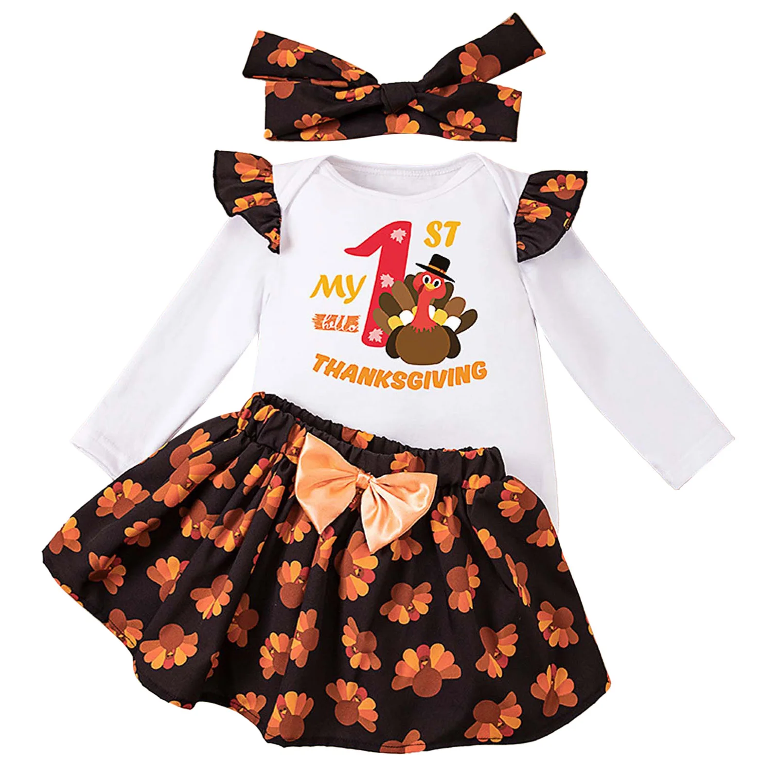 ملابس عيد الشكر للفتيات الصغيرات بأكمام طويلة مطبوعة بحروف مع تنورة توتو وعصابة رأس للأطفال الصغار ملابس حفلات أعياد الميلاد الأولى #6