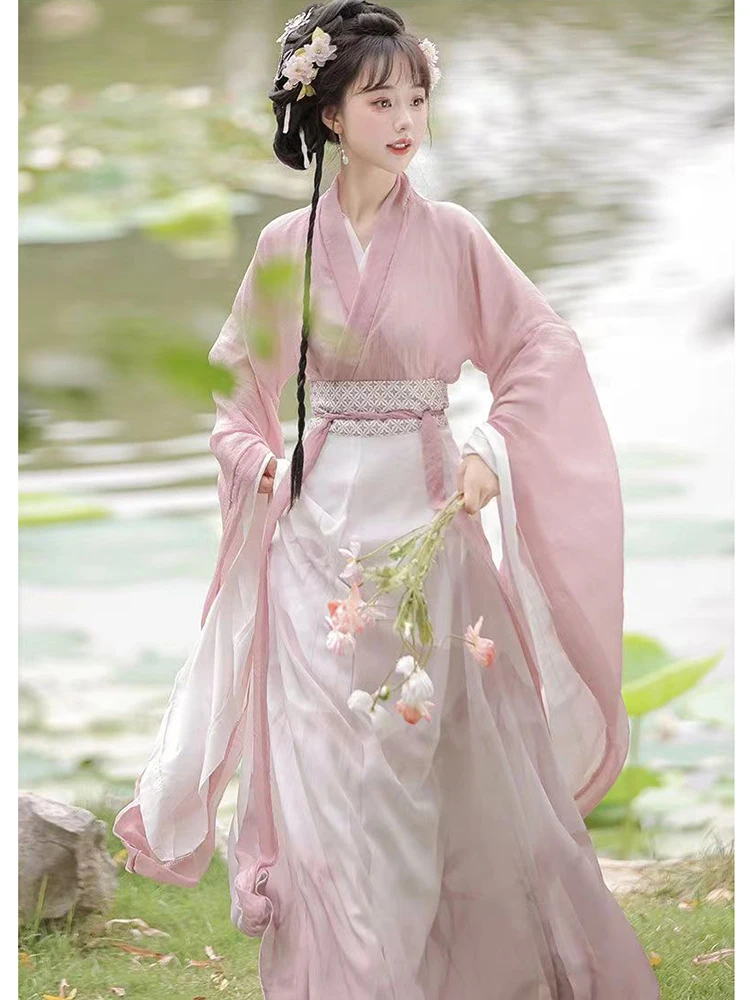 

Women's Han Chinese Clothing Adult New Ancient Style Cross Collar Waist Jacket and Dress Costume Spring