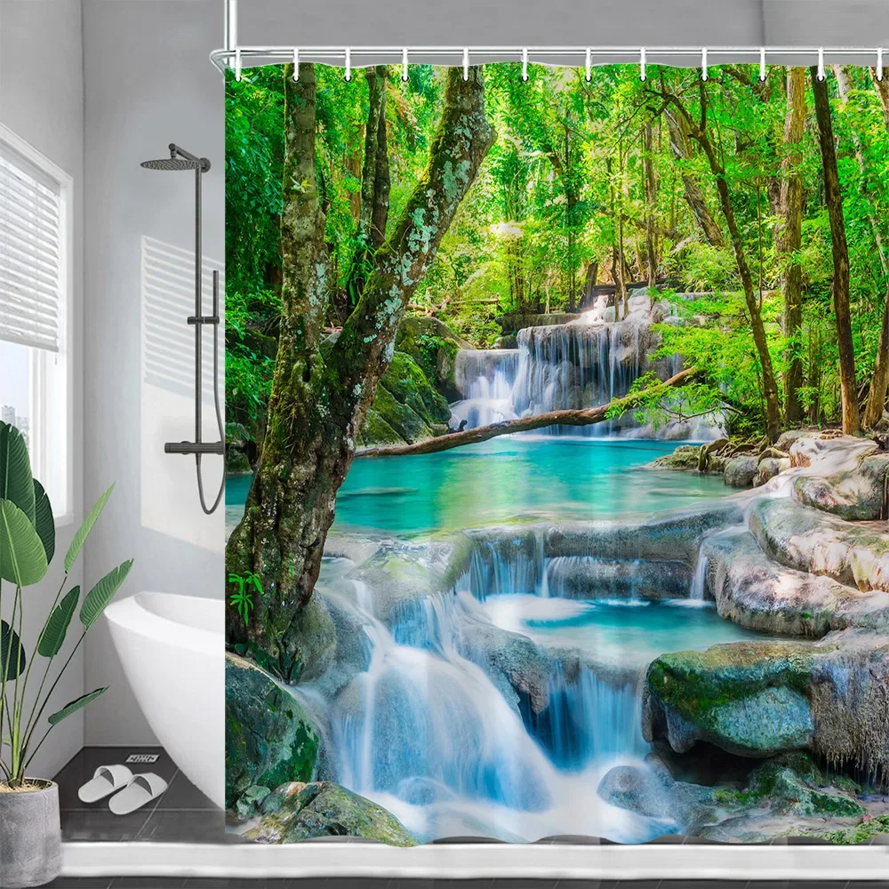 Forest Waterfall Shower Curtains Spring Green Trees Nature Landscape Bath Curtain Garden Wall Hanging Bathroom Decor with Hooks